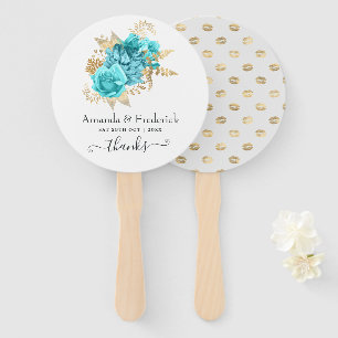 Abanico Boda floral en azul acuático y dorado