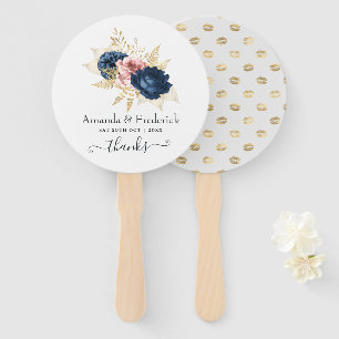 Abanico Boda floral rosa, azul marino y dorado