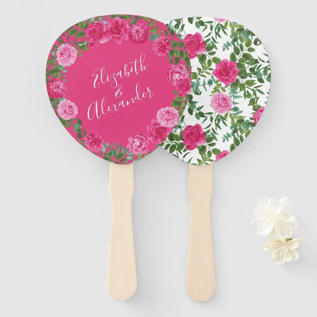 Abanico Boda floral rosa brillante (Anverso y reverso)