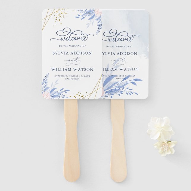 Abanico Boda floral rosado geométrico Duste Blue Gold (Anverso y reverso)