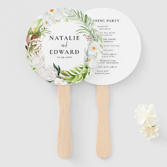 Abanico Boda floral tropical rosa, verde azulada + orquíde (Anverso y reverso)