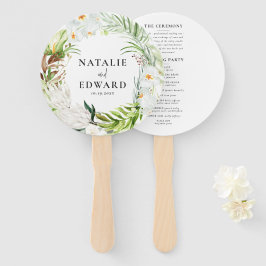 Abanico Boda floral tropical rosa, verde azulada + orquíde