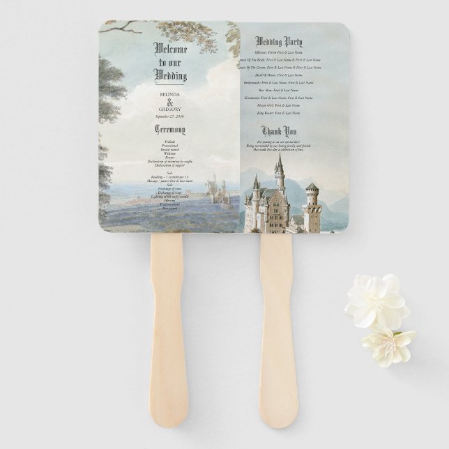 Abanico Boda Forestal Rústico Castillo de cuento de hadas (Anverso y reverso)