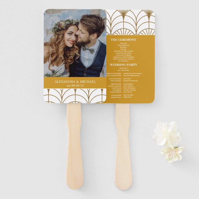 Abanico Boda Gatsby Blanco de Oro Geométrico Art Deco (Anverso y reverso)