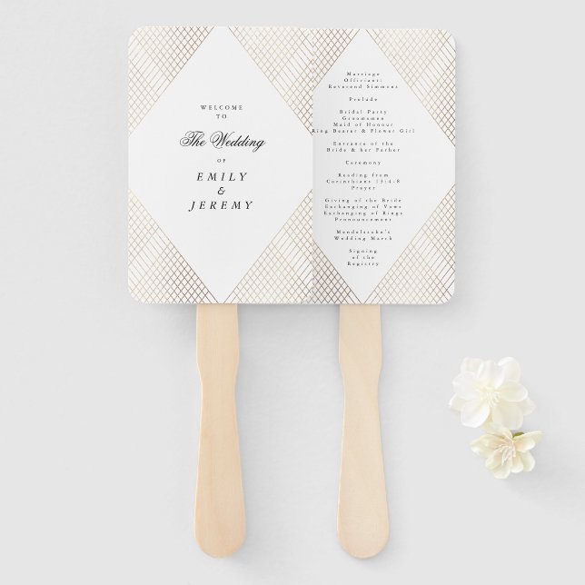 Abanico Boda Gatsby de oro blanco geométrico de diamantes (Anverso y reverso)