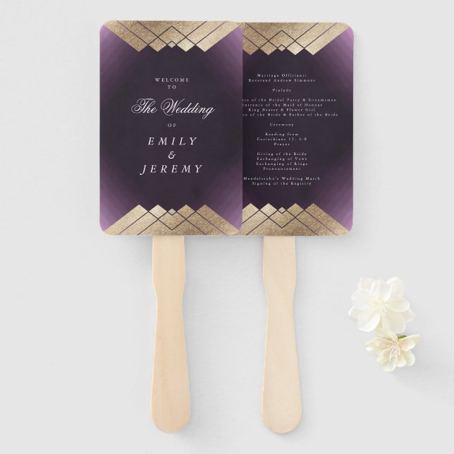 Abanico Boda Gatsby Geométrico Purple Gold (Anverso y reverso)