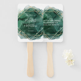 Abanico Boda geométrico de acuarela verde y dorada