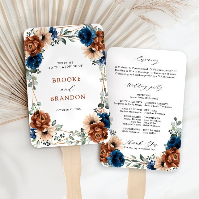 Abanico Boda geométrico de Terracotta Navy Blue Greenery (Terracotta Navy Blue Greenery Wedding Program Hand Fan)