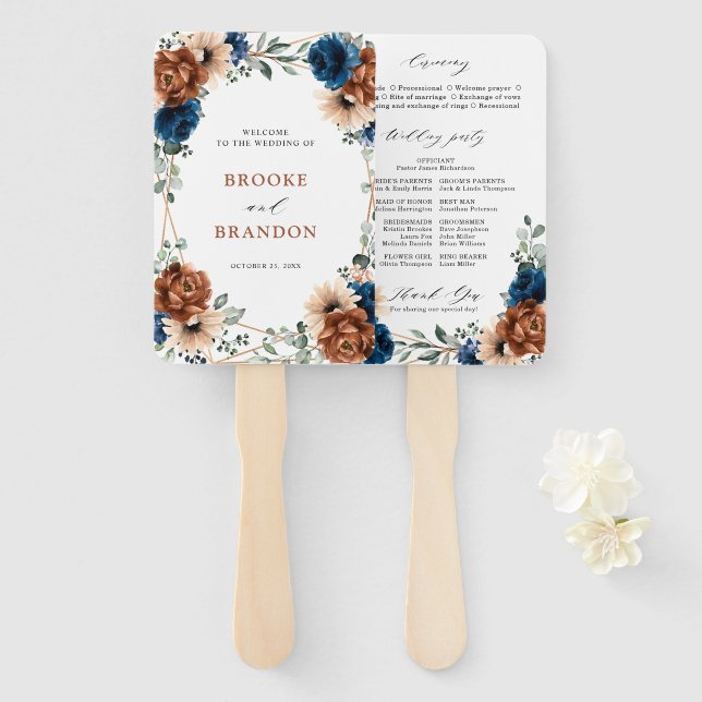 Abanico Boda geométrico de Terracotta Navy Blue Greenery (Anverso y reverso)