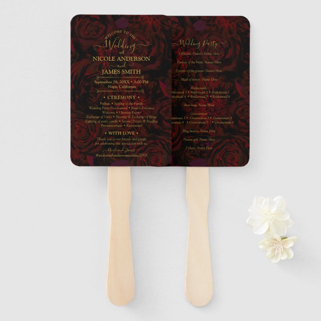 Abanico Boda Glam de Flores Rojas Románticas de los Jardin (Anverso y reverso)