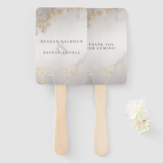 Abanico Boda Gris Niebla con Lunas Doradas Modern Luxe (Anverso y reverso)