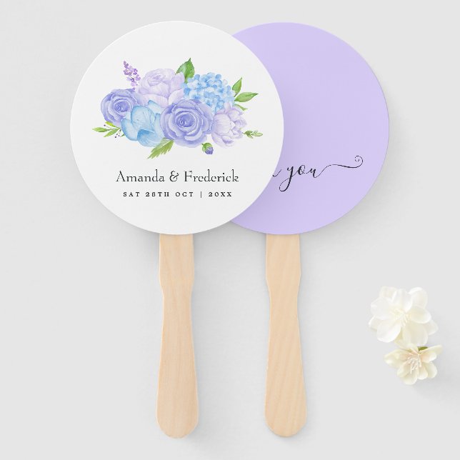 Abanico Boda Hydrangea Blue and Light Lavender (Anverso y reverso)