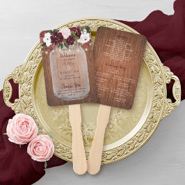 Abanico Boda Mason Jar, floral de borgoña de madera rústic