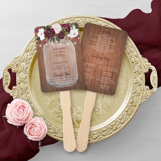 Abanico Boda Mason Jar, floral de borgoña de madera rústic (Subido por el creador)