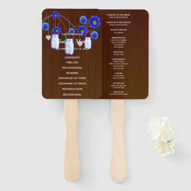 Abanico Boda Mason Jars Dark Rustic Blue Floral (Anverso y reverso)