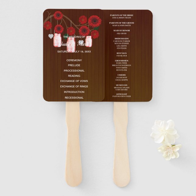 Abanico Boda Mason Jars Dark Rustic Red Floral (Anverso y reverso)