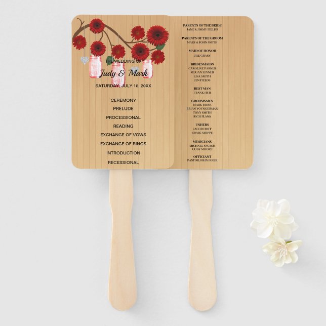 Abanico Boda Mason Jars de flor roja y ligera (Anverso y reverso)