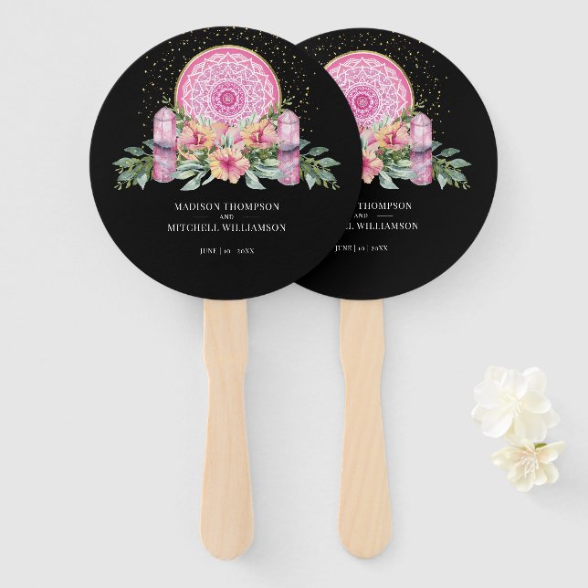Abanico Boda metafísico de cristales de Mandala floral ros (Anverso y reverso)