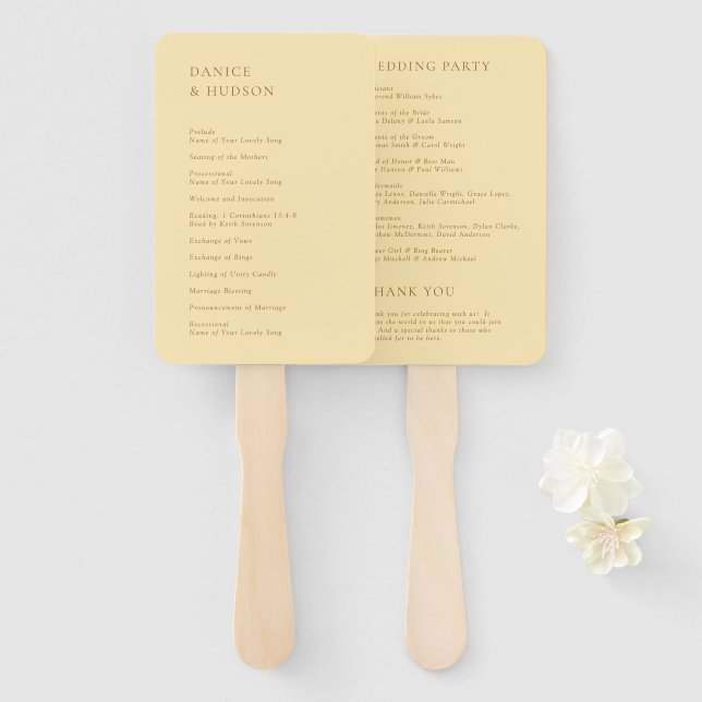 Abanico Boda moderna amarilla mantequilla minimalista (Anverso y reverso)