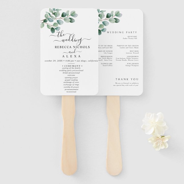 Abanico Boda moderna con vegetación de eucalipto (Anverso y reverso)