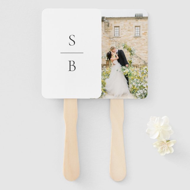 Abanico Boda Moderna Monograma Negro y Blanco Limpio (Anverso y reverso)
