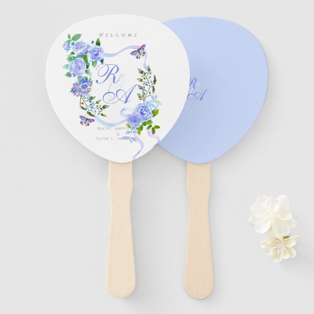 Abanico Boda monograma de cinta Rosa azul (Anverso y reverso)