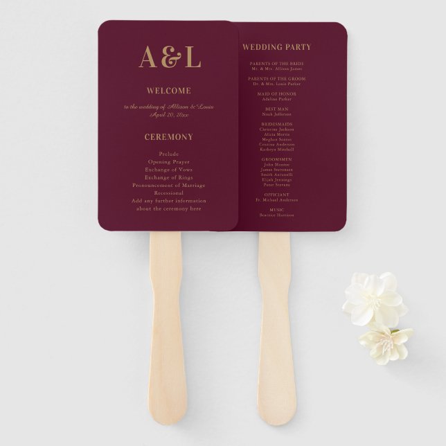 Abanico Boda Monograma Minimalista Burgundy Gold (Anverso y reverso)