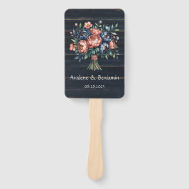 Abanico Boda Navy Blue y Copper Peony Bouquet Wood