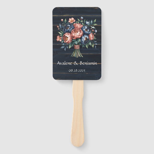 Abanico Boda Navy Blue y Copper Peony Bouquet Wood (Anverso)