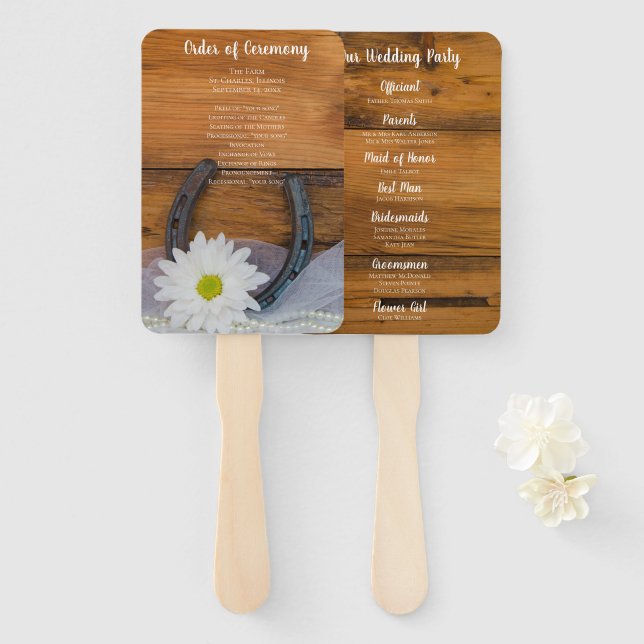 Abanico Boda occidental de la margarita blanca y el herrad (Anverso y reverso)