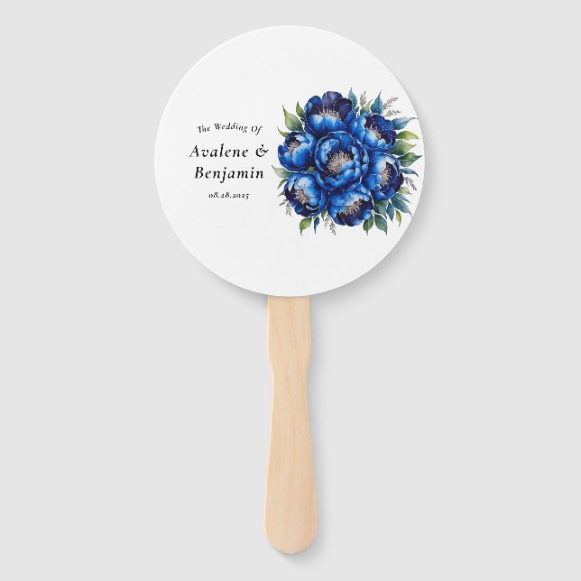 Abanico Boda Peony Purpurinoso de Royal Blue y Silver (Anverso)