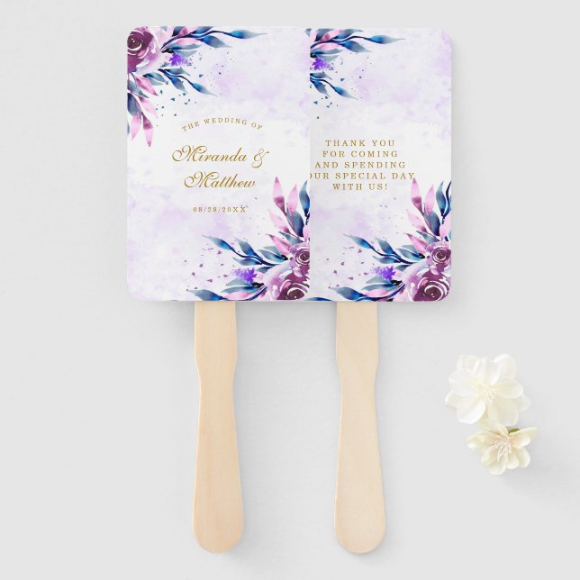 Abanico Boda Purple Botanical Peony Gold Gracias (Anverso y reverso)