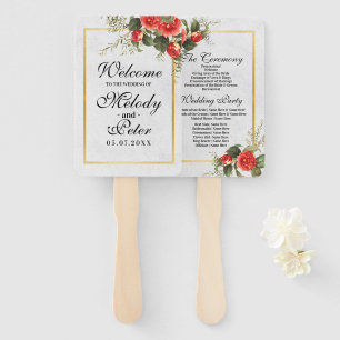 Abanico Boda Red Floral Gold Navidades Hand Fan Elegante