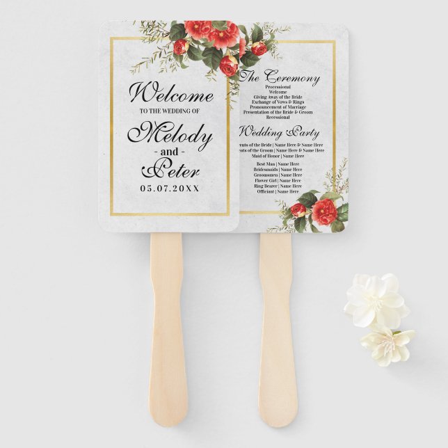 Abanico Boda Red Floral Gold Navidades Hand Fan Elegante (Anverso y reverso)