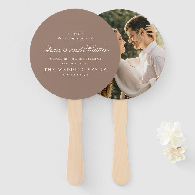 Abanico Boda Romántica Marrón Elegante (Anverso y reverso)