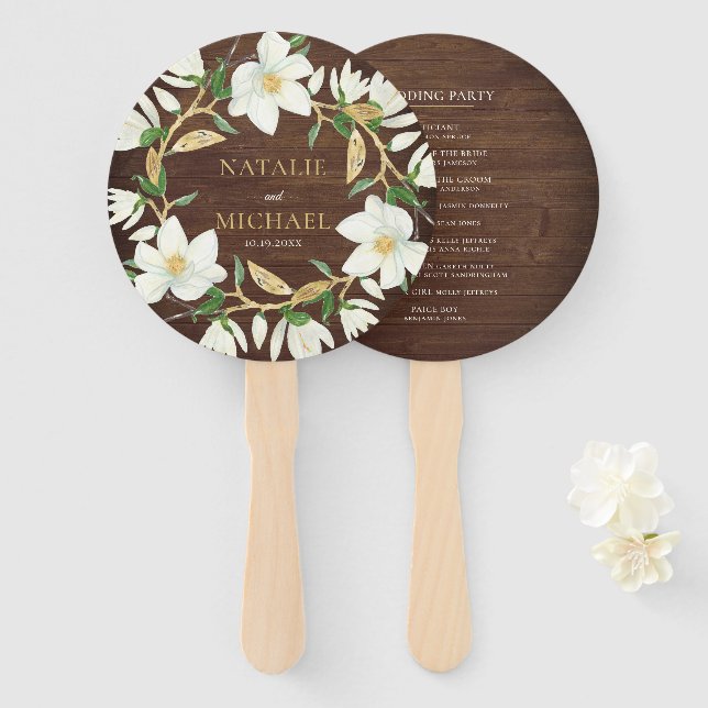 Abanico Boda Rustic Wood Magnolia Custom (Anverso y reverso)
