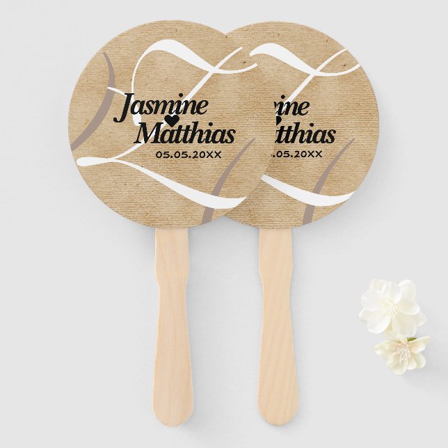 Abanico Boda Rústico Elegante Monograma Vintage Burlap (Anverso y reverso)