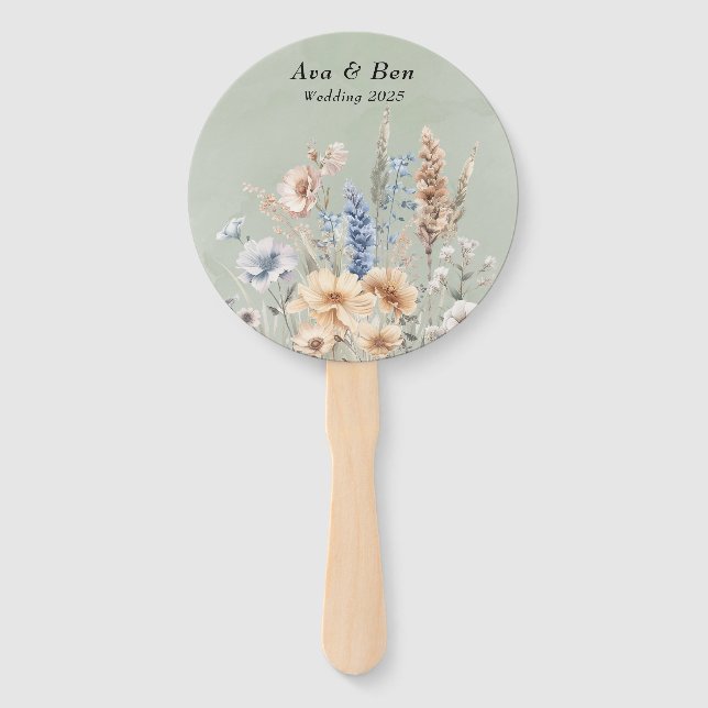 Abanico Boda Sage Green Dusty Blue Wildflowers (Anverso)