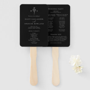 Abanico Boda simple de monograma floral negro moderno