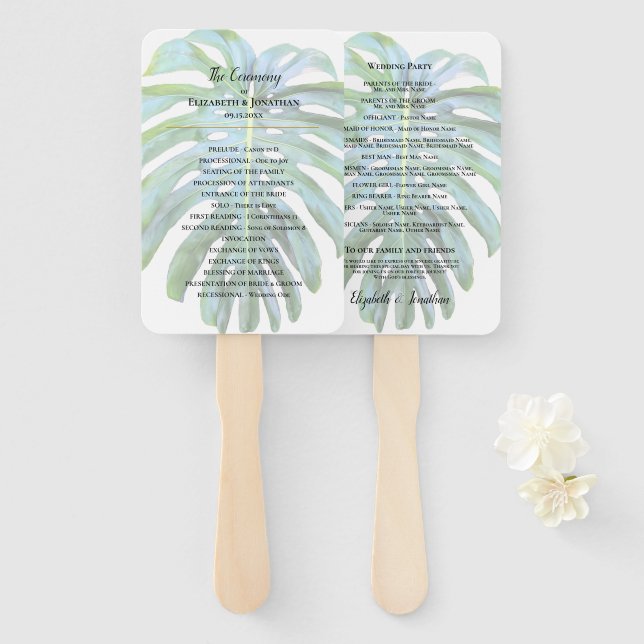 Abanico Boda Tropical Monstera Leaf Greenery Beach (Anverso y reverso)