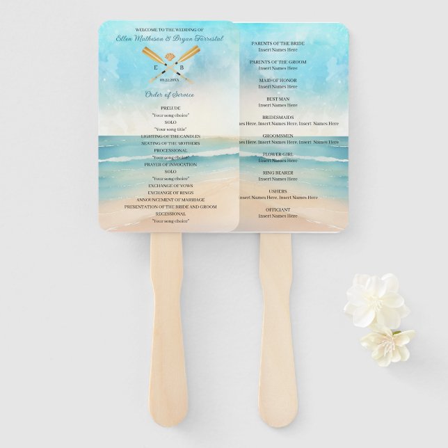 Abanico Boda Watercolor Beach Oars (Anverso y reverso)