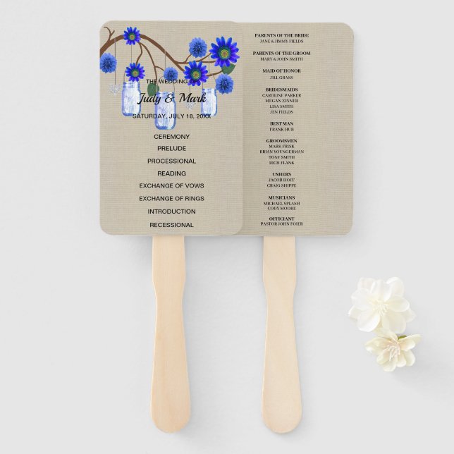 Abanico Bodas en frascos de Mason florales azules rústicos (Anverso y reverso)