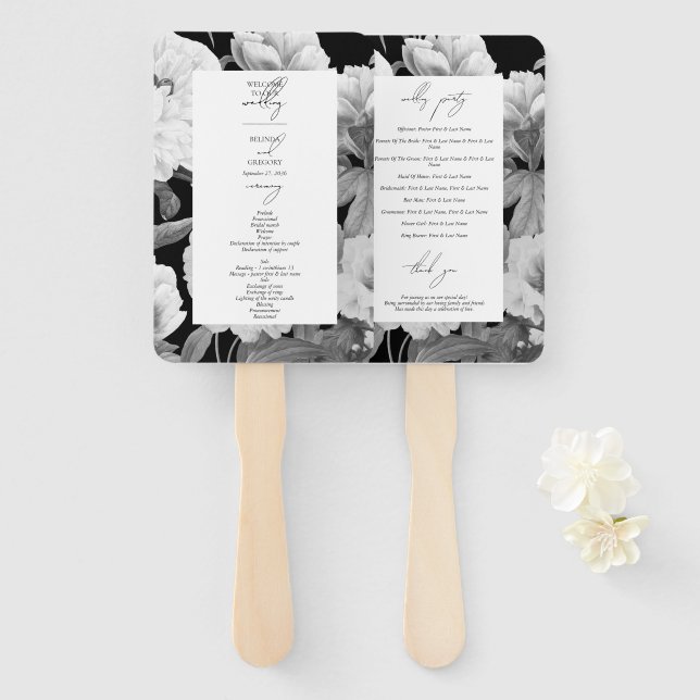 Abanico Bodas Florales Acuarela Peonías Blanco y Negro (Anverso y reverso)