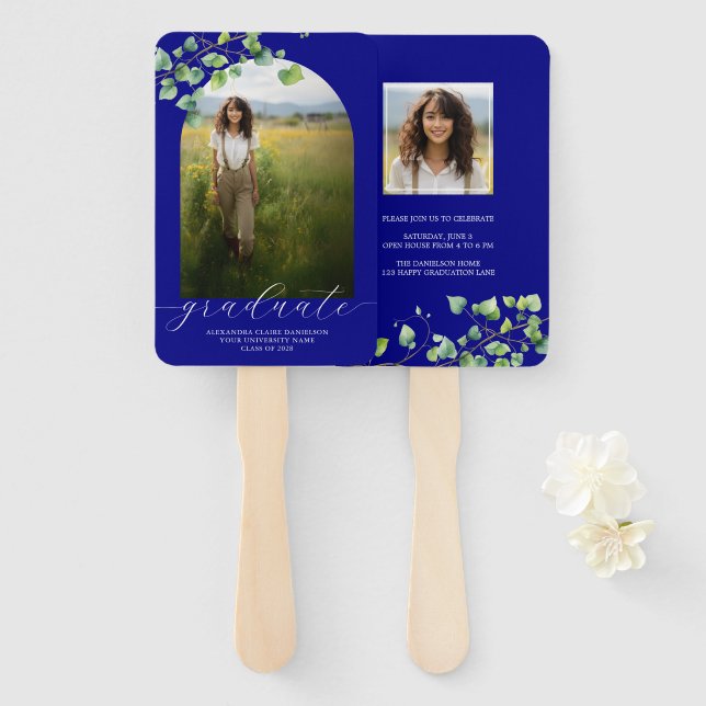 Abanico Boho Arch Ivy, graduación azul de la Marina (Anverso y reverso)
