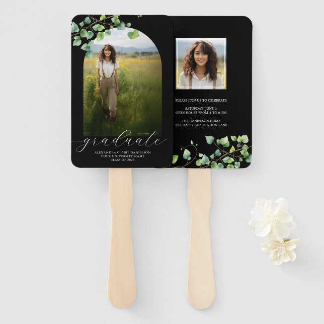 Abanico Boho Arch Ivy, graduación negra (Anverso y reverso)