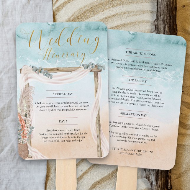Abanico Boho Beach Arbour Ocean Boda Itinerario (Beach destination wedding itinerary hand fans with boho wedding arbour - Boho Beach Collection)