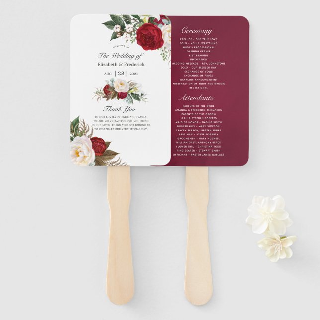 Abanico Boho Burgundy - Boda floral de Marsala (Anverso y reverso)