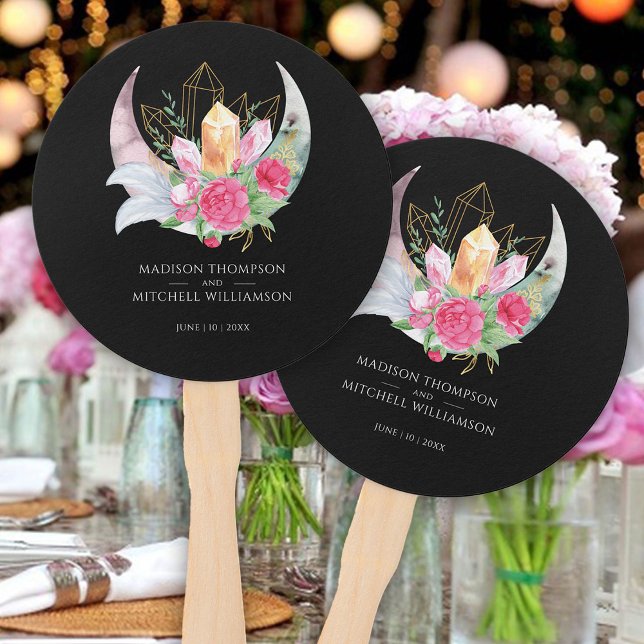 Abanico Boho Moon Crystals Feathers Pink Flowers Boda (Subido por el creador)