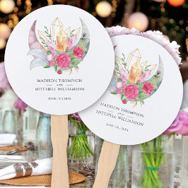 Abanico Boho Moon Crystals Feathers Pink Flowers Boda