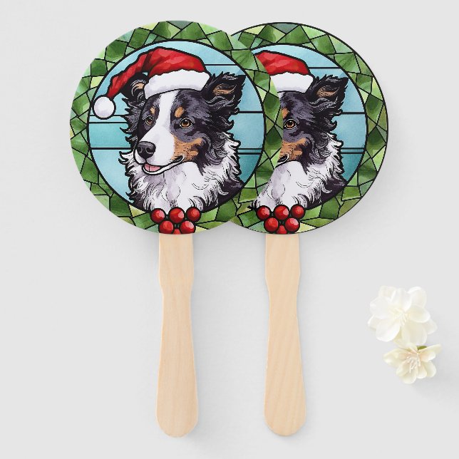 Abanico Border Collie Vidrio Pintado Navidad (Anverso y reverso)